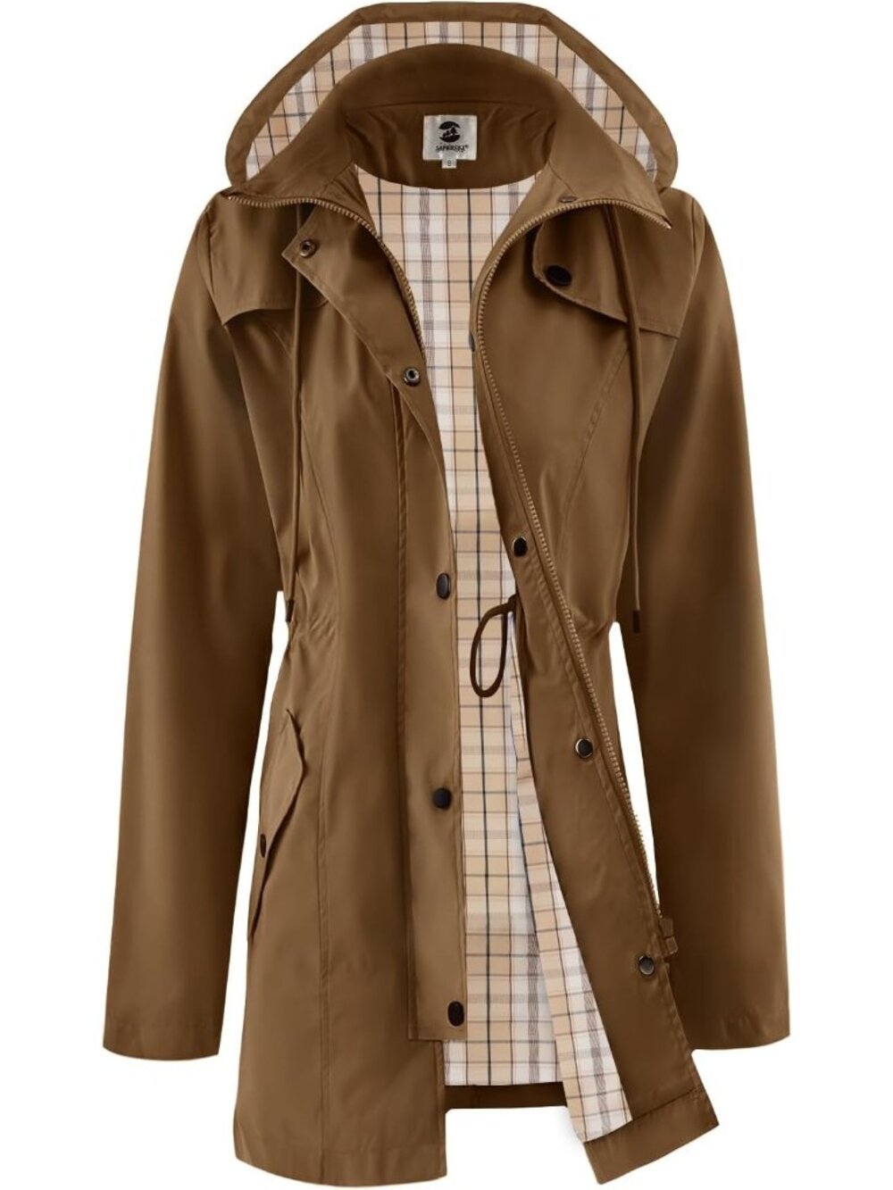 Women's Brown Plaid Hooded Snap Pockets Drawstring Waist Waterproof Trench Coat